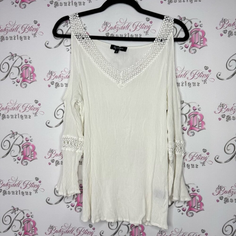 Lily Morgan top open cold shoulder crochet white stretchy boho long sleeve